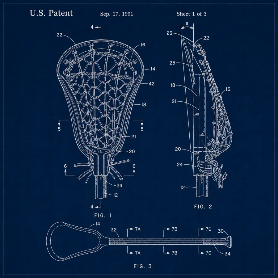 Blueprint-style patent drawing of a lacrosse stick head